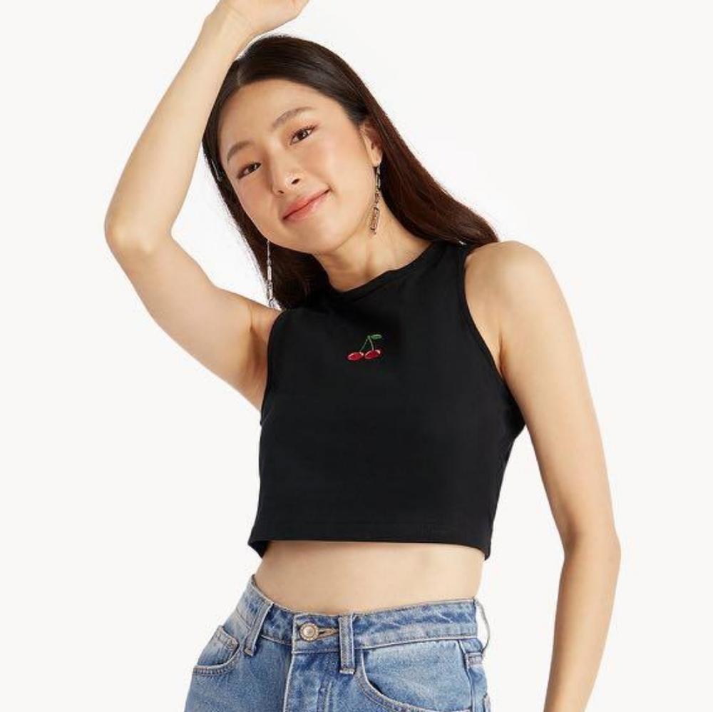 Cherry Sleeveless Crop Top, Black, Pomelo Brand